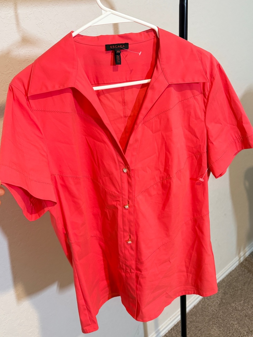 Escada Coral-Red Short Sleeve Button-Down Shirt